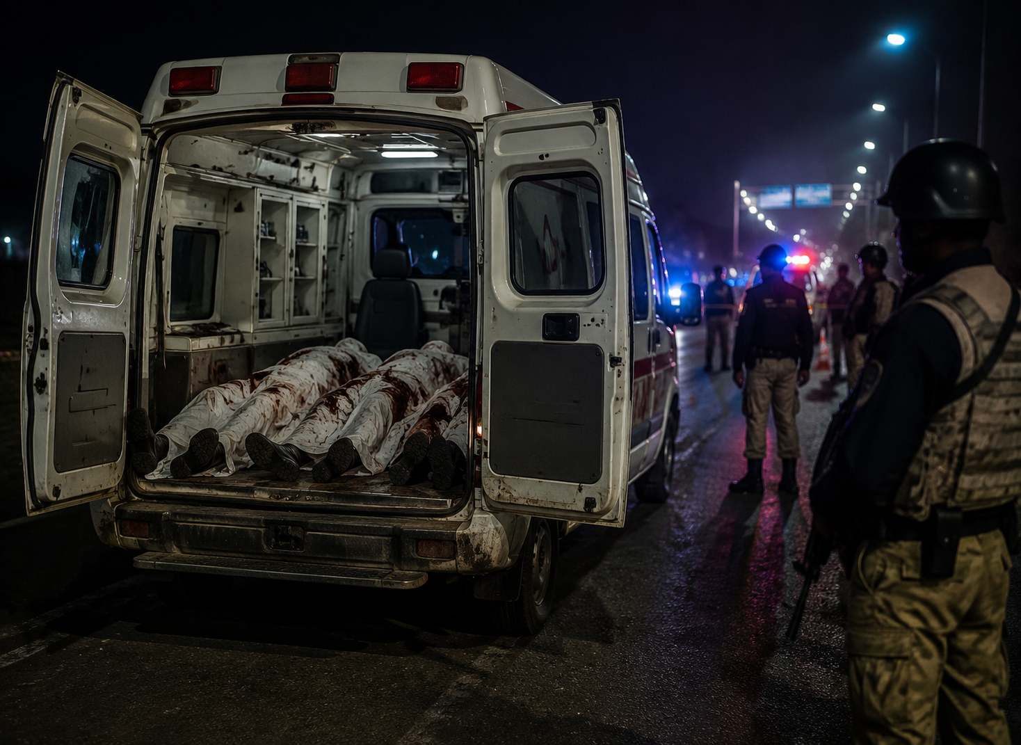 Nighttime crime scene with ambulance and bodies